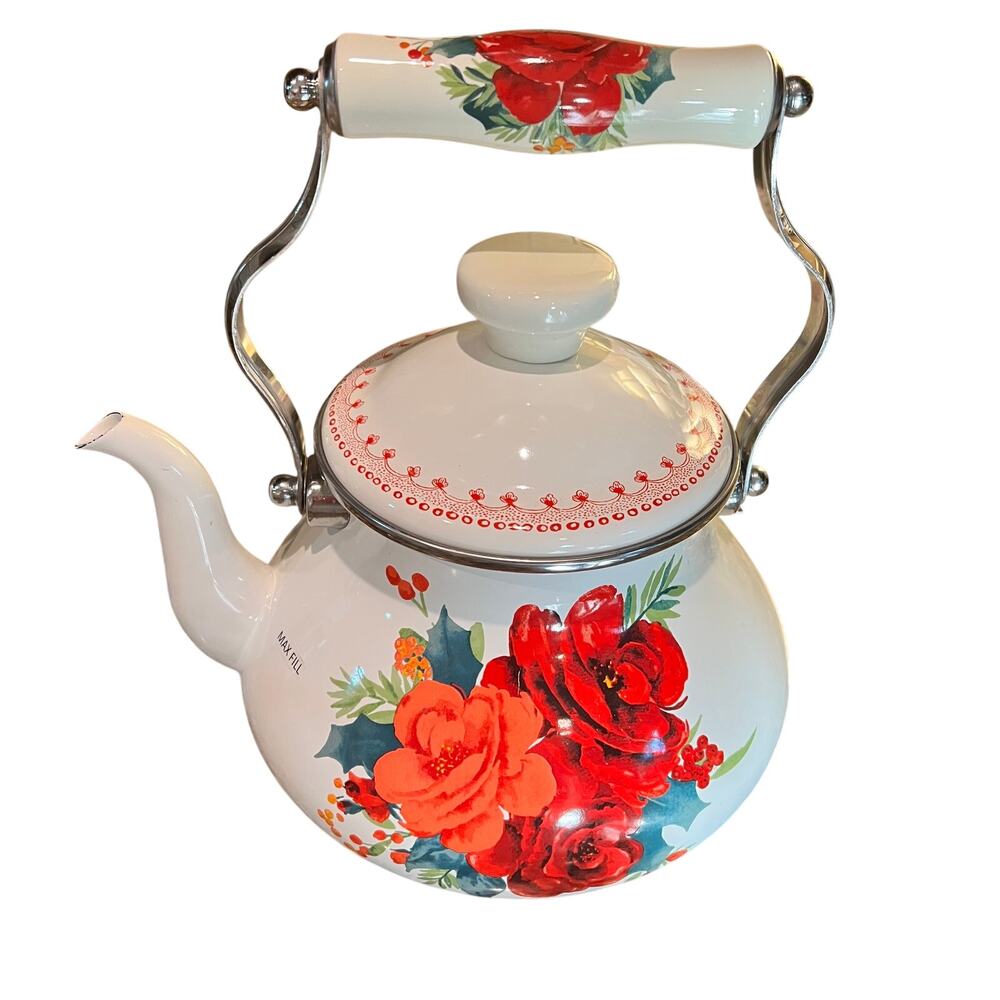 The Pioneer Woman Cheerful Rose Enamel on Steel 1.9 Quart Tea Kettle